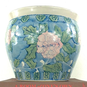 Vintage 10" Ceramic Fishbowl Planter, Blue & Pink, Chinoiserie Pot, Grand Millennial, Jardiniere