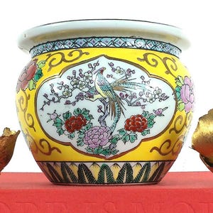 Vintage 6" Yellow Ceramic Planter, Jardiniere, Asian Pot, Grand Millennial Decor, Chinoiserie, Floral Print
