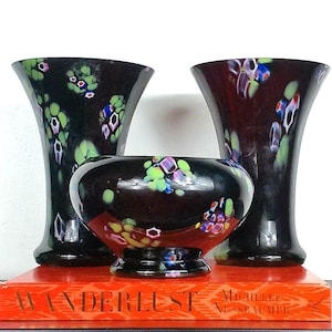 Kralik Museum Quality Black Multicolor Vase and Bowl Garniture Set, Rare Czech Bohemian Artglass, Art Nouveau Home Decor, Art Deco, OOAK Art