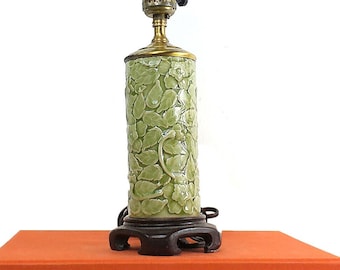 Korean Antique Small Celadon Desk Lamp, Green Ceramic, Floral Pattern Accent Lamp, Chinoiserie Chic Interiors, Grand Millennial Apartment,