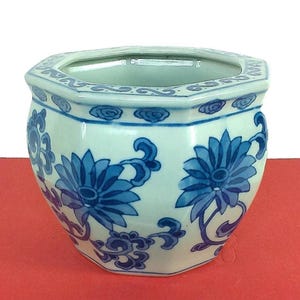 Chinoiserie Blue and White Celadon Ceramic Planter, Vintage Decor