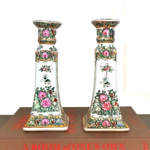 Antique Pair of Famille Rose Candlestick Holders, Chinoiserie, Grand Millennial, 9"