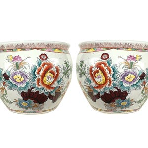 Vintage Pair of Famille Rose Fishbowl Planters, Mille Fleur, Jardiniere, Chinoiserie Pots, 14"