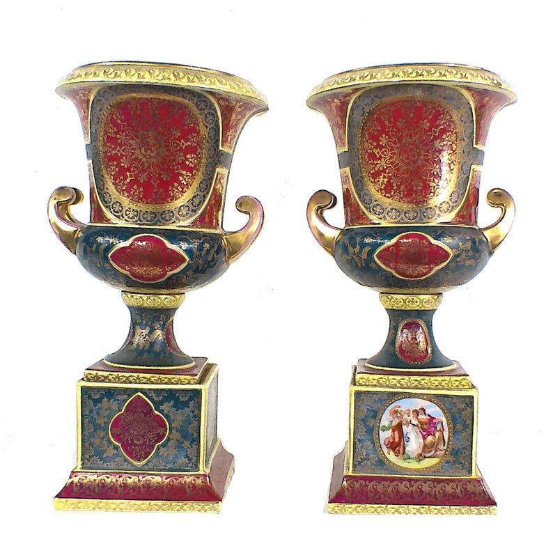 Antique 12" Pair Of Royal Vienna Porcelain Urns, Angelica Kauffman, Gilt, Rococo Decor image 6