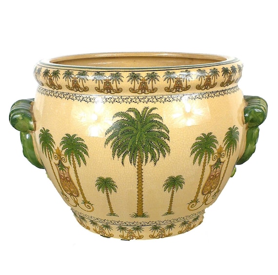 Vintage Ceramic Fishbowl Planter, Palm Trees, Jardiniere, Chinoiserie, Cache Pot, 9"