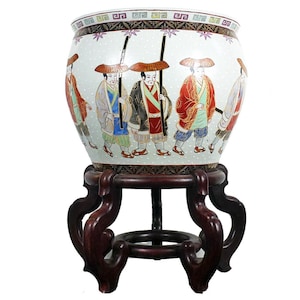 Antique Famille Rose Fishbowl Planter, Chinoiserie, Grand Millennial, Cache Pot, Jardiniere, 12"