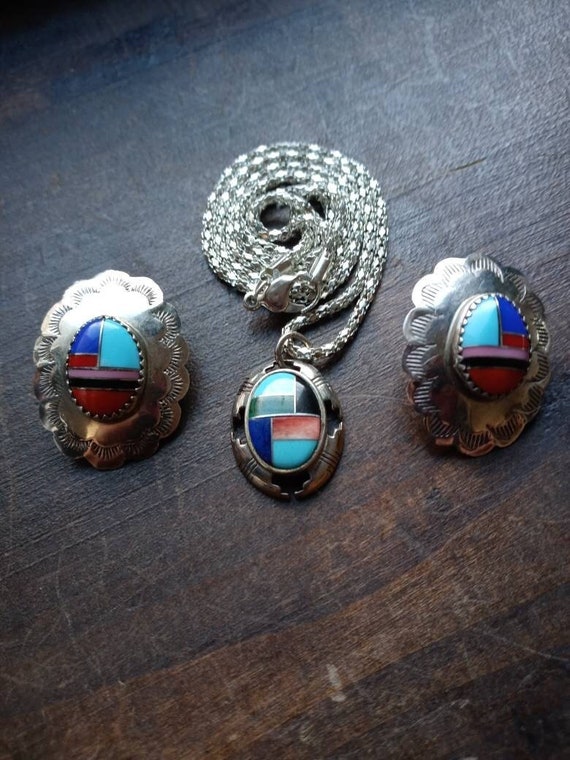 Zuni Jewelry Set, Stone Inlay, Sterling Silver, C… - image 1