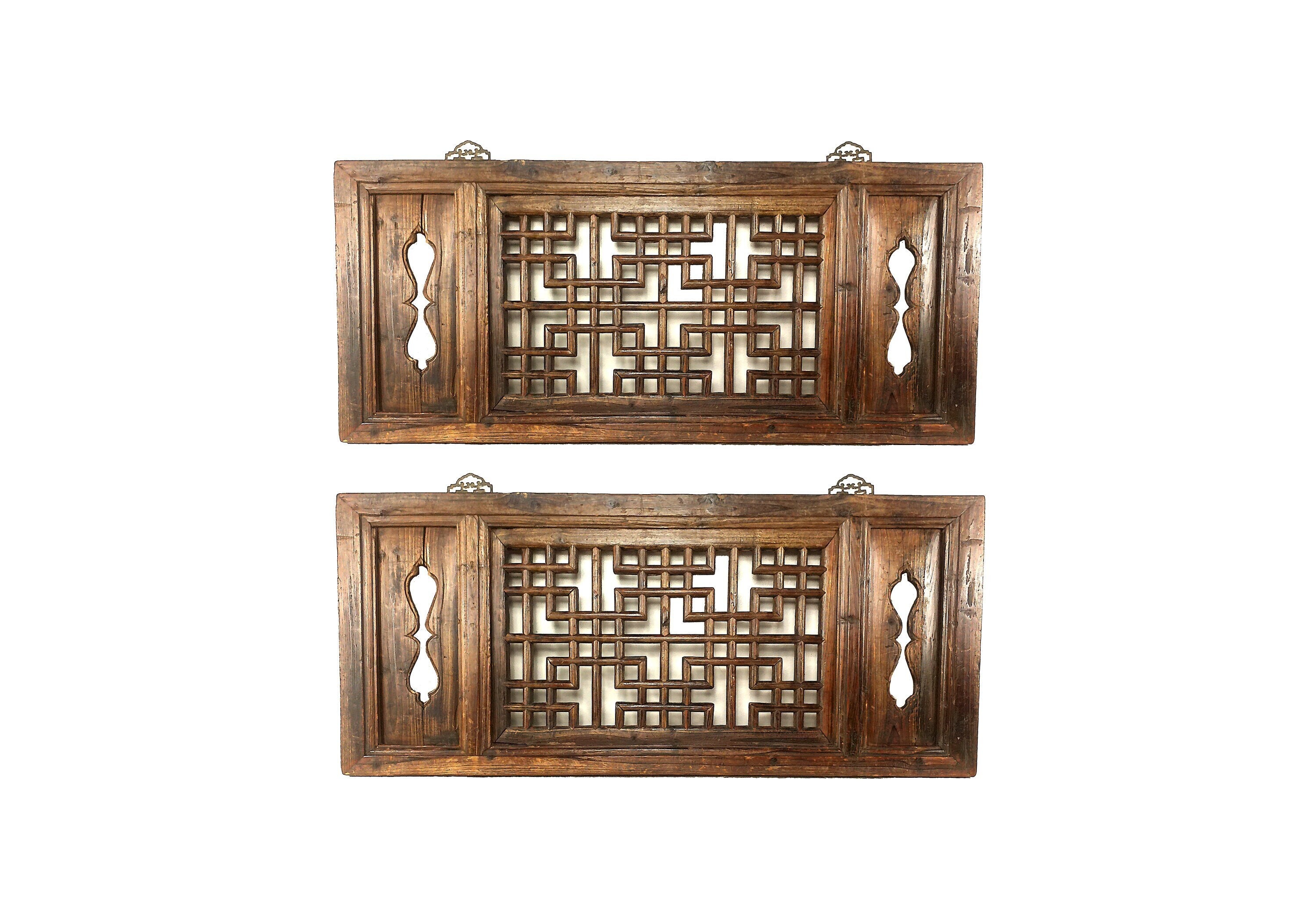 Chinese Antique 19th Century Pair / Set of 2 Reclaimed Lattice Wood Window Shutters, Chinoiserie Chic Wall Art, Grand Millennial Home Decor