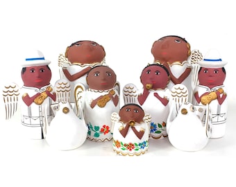 Mexican Pottery Angel Figurines, Hacienda Uxmal Yucatan Folk Art Set of 9