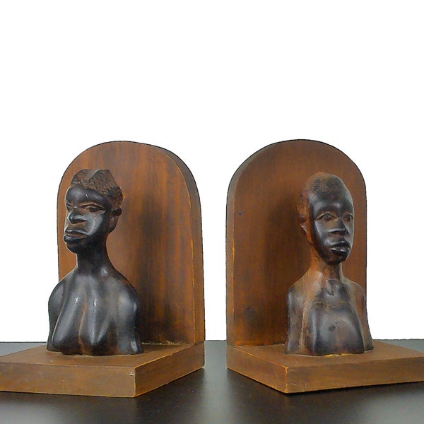 African Vintage Pair / Set of 2 Ebony Wood Figural Bookends, Tanzania Carvings, Mid-Century Shelf Decor, Rustic Interior Design, Tribal Art