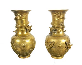 Antique Chinese Bronze Dragon Vases, Xuande Mark, Chinoiserie Home Decor