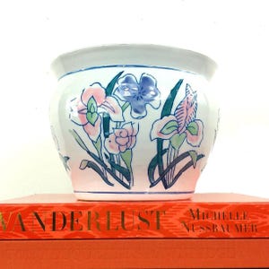 Vintage Chinoiserie Floral Fishbowl Planter, Blue & Pink, Jardiniere, Grand Millennial Decor, Cache Pot, 7"
