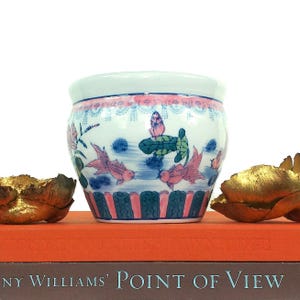 Vintage Chinoiserie Fishbowl Planter, Blue & Pink, Koi, Grand Millennial Decor, 6"
