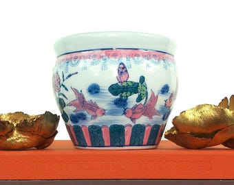 Vintage Chinoiserie Fishbowl Planter, Blue & Pink, Koi, Grand Millennial Decor, 6"