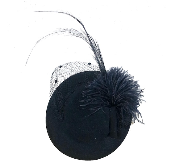 Vintage 1950s Black Veiled Fascinator Velvet Feather Cocktail Hat Buy Vintage 1950s Black Velvet Cocktail Hat: Crystal Pin  main image 4