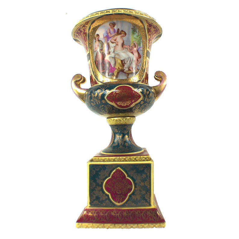 Antique 12" Pair Of Royal Vienna Porcelain Urns, Angelica Kauffman, Gilt, Rococo Decor image 4