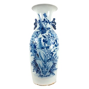 Chinese Export 19th C. Large Blue & White Antique Floor Vase, Florals, Celadon, Grand Millennial Home Decor, Chinoiserie Chic, Bird Patterns