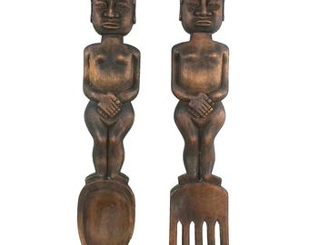 Antique Balinese Wooden Fork and Spoon Set, Asian Decor, Grand Millennial, Wall Art, 25"