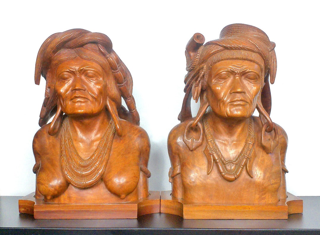 Filipino Hand Carved Sculpture Pair, Set of 2 Wooden Portrait Busts