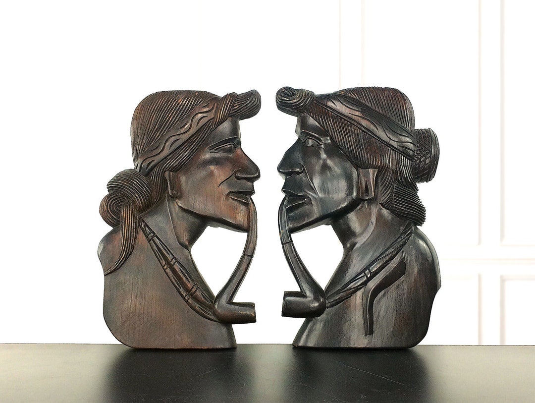 Philippines Igorot Pair of Portrait Busts, Ebony Wood Carving, Filipino