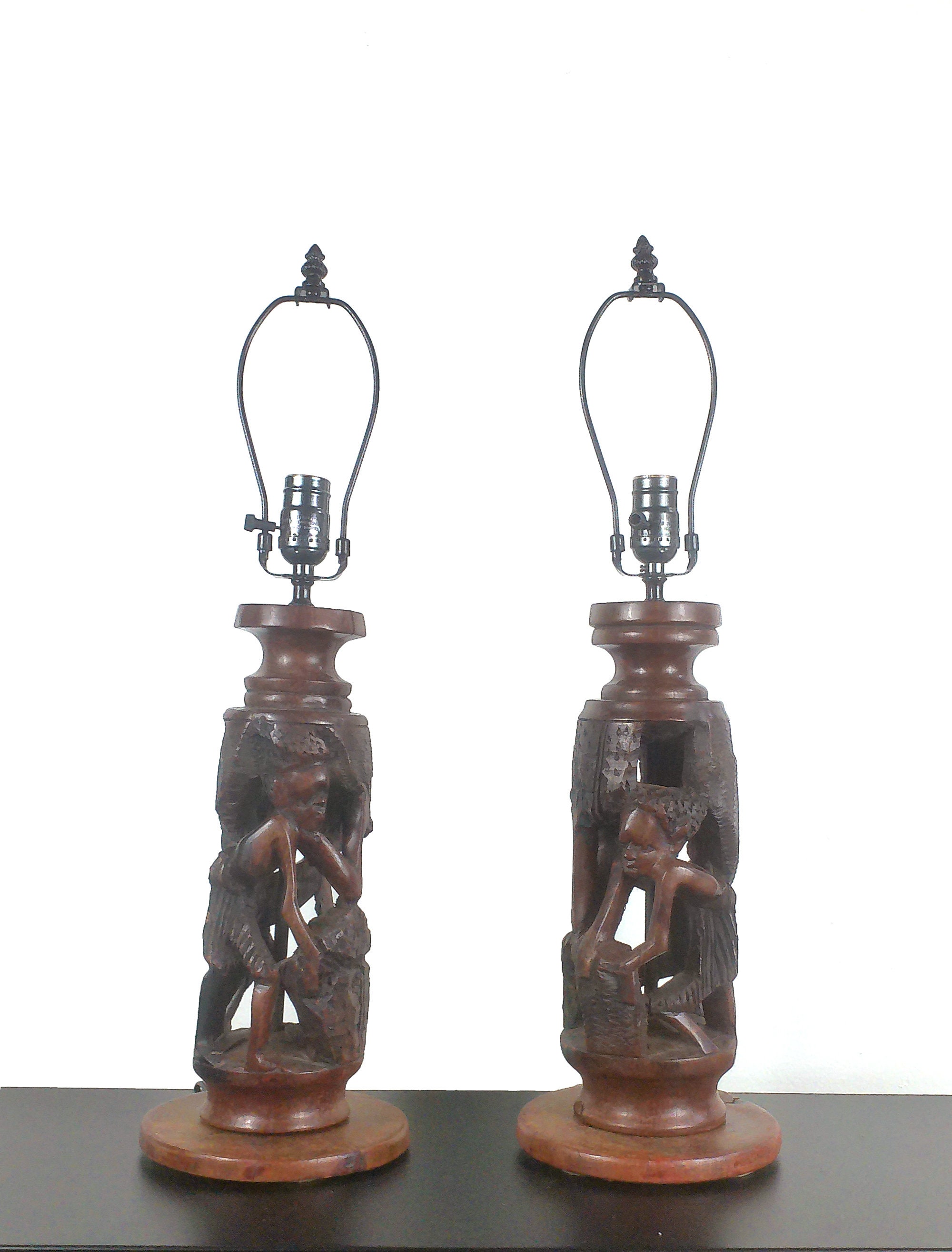 African Table Lamps, African Lamps, Pair of African Lamps, Ebony Wood