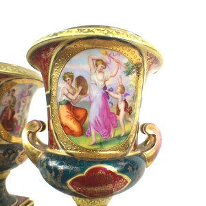 Antique 12" Pair Of Royal Vienna Porcelain Urns, Angelica Kauffman, Gilt, Rococo Decor image 3