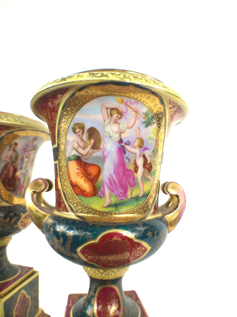 Antique 12" Pair Of Royal Vienna Porcelain Urns, Angelica Kauffman, Gilt, Rococo Decor image 3
