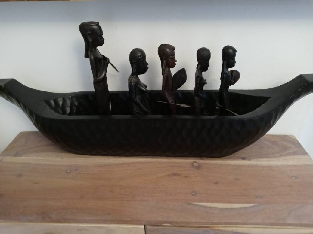Tanzanian Wood Boat Hand Carved Ebony Wood African Figures