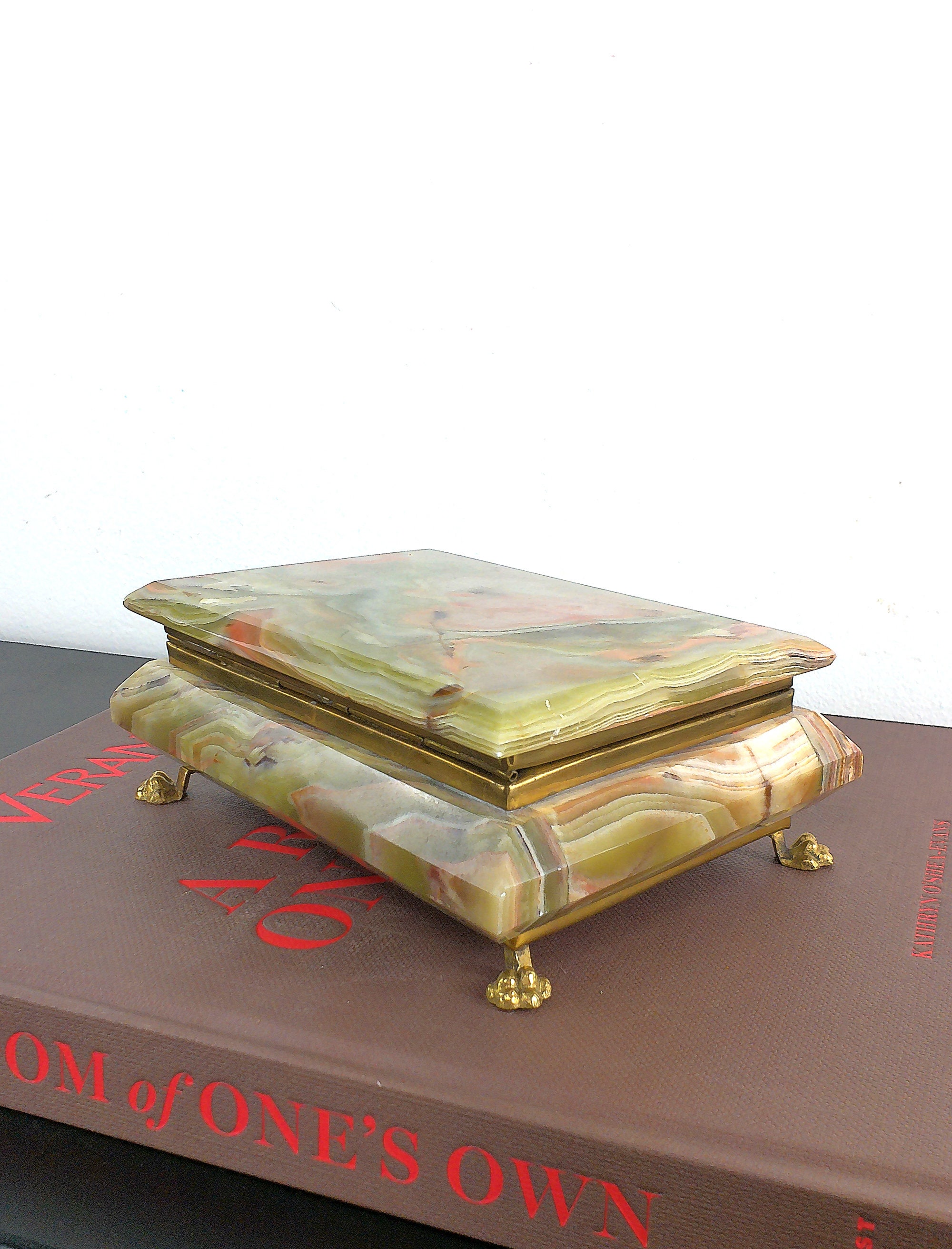 Green Onyx Jewelry Box, Made in India, Semiprecious Stone, Trinket