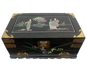 Antique 7" x 15" Black Chinoiserie Soapstone Jewelry Box, Grand Millennial Decor, Asian, Hand Painted
