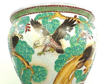 Vintage 13" Royal Satsuma Style Fishbowl Planter, Eagles, Moriage, Chinoiserie Decor, Jardiniere, Grand Millennial