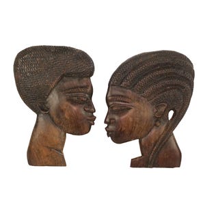 African Set of 2 / Pair of Antique Art Deco Wooden Portraits, Anniversary Gift, One of a Kind Black Art, Bohemian, Grand Millennial Decor