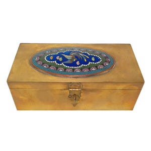 Antique 3" Brass & Cloisonne Rectangular Jewelry Box, Trinket, Keepsake, Chinoiserie Grand Millennial Decor