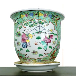 Antique Famille Rose Cachepot with Underplate, Grand Millennial, Jardiniere, Chinoiserie, Planter, 11"