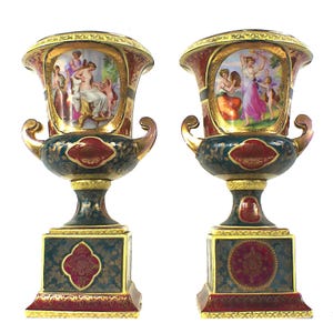 Antique 12" Pair Of Royal Vienna Porcelain Urns, Angelica Kauffman, Gilt, Rococo Decor image 1