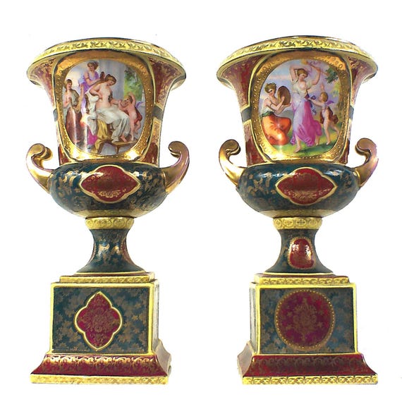 Antique 12" Pair Of Royal Vienna Porcelain Urns, Angelica Kauffman, Gilt, Rococo Decor