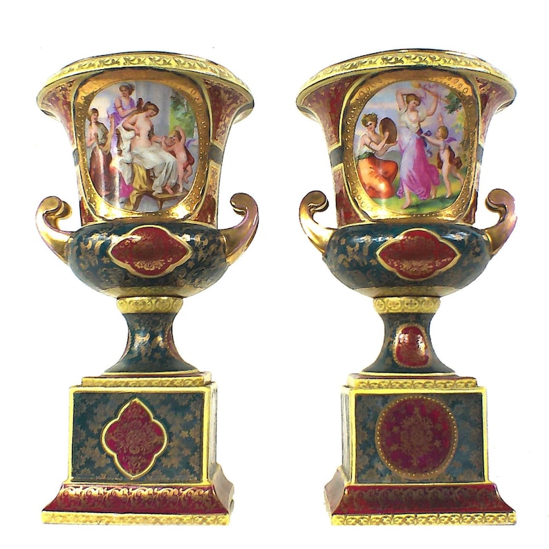 Antique 12" Pair Of Royal Vienna Porcelain Urns, Angelica Kauffman, Gilt, Rococo Decor image 1