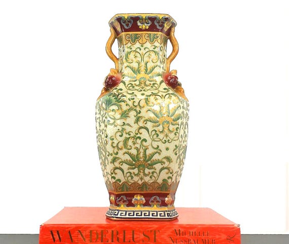 Vintage Chinoiserie Vase, Palm Trees, Floral Print, Grand Millennial, Crackle Glaze, 14"