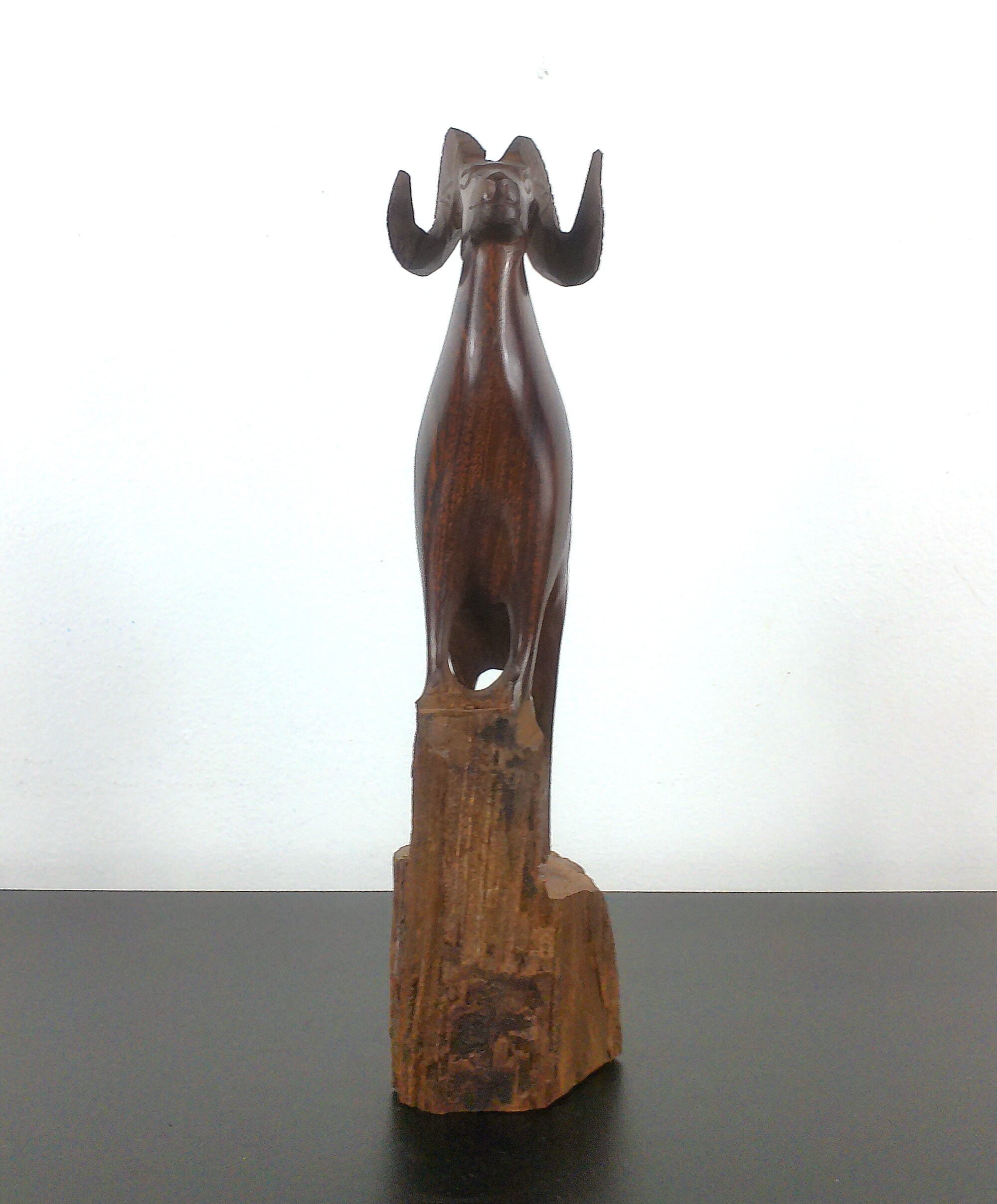 African Wooden Sculpture, Black Ironwood, Hand Carved, Big Horn Sheep