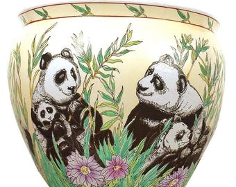 Vintage Yellow Fishbowl Planter, Pandas, Grand Millennial, Chinoiserie Pot, Jardiniere, 10"