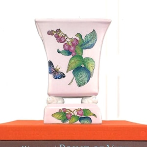 Vintage Pink Chinoiserie Jardiniere - 9", Floral Print, Asian Planter, Grand Millennial Decor