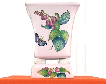 Vintage Pink Chinoiserie Jardiniere - 9", Floral Print, Asian Planter, Grand Millennial Decor