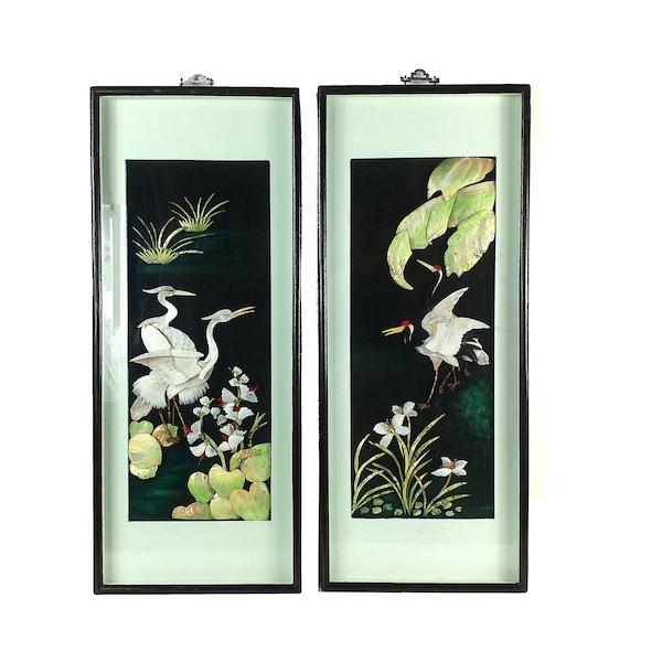 Chinese Vintage Pair / Set of 2 Framed Carved Mother of Pearl Crane Themed Wall Panels, Chinoiserie Chic Art, Grand Millennial Home Decor