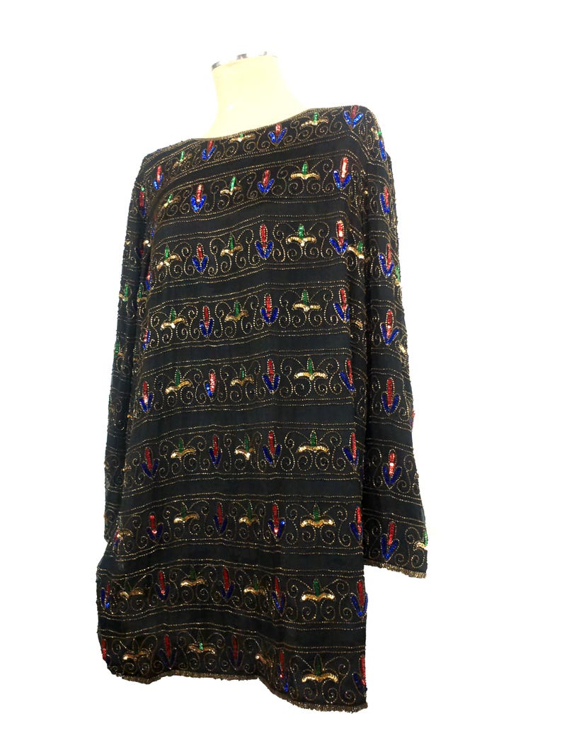 1980s Adrianna Papell Beaded Silk Tunic Dress, Vintage Designer 2X immagine 3