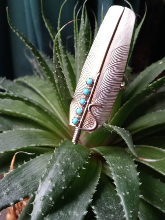 Navajo Silver Feather Ring, Snake Eye Turquoise, … - image 1