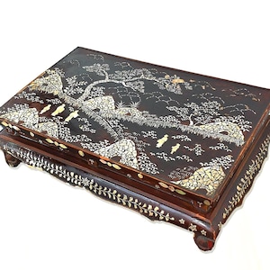Antique Ming Dynasty Mother of Pearl Inlay Table - 6" x 21" , Chinoiserie Furniture, Grand Millennial Decor