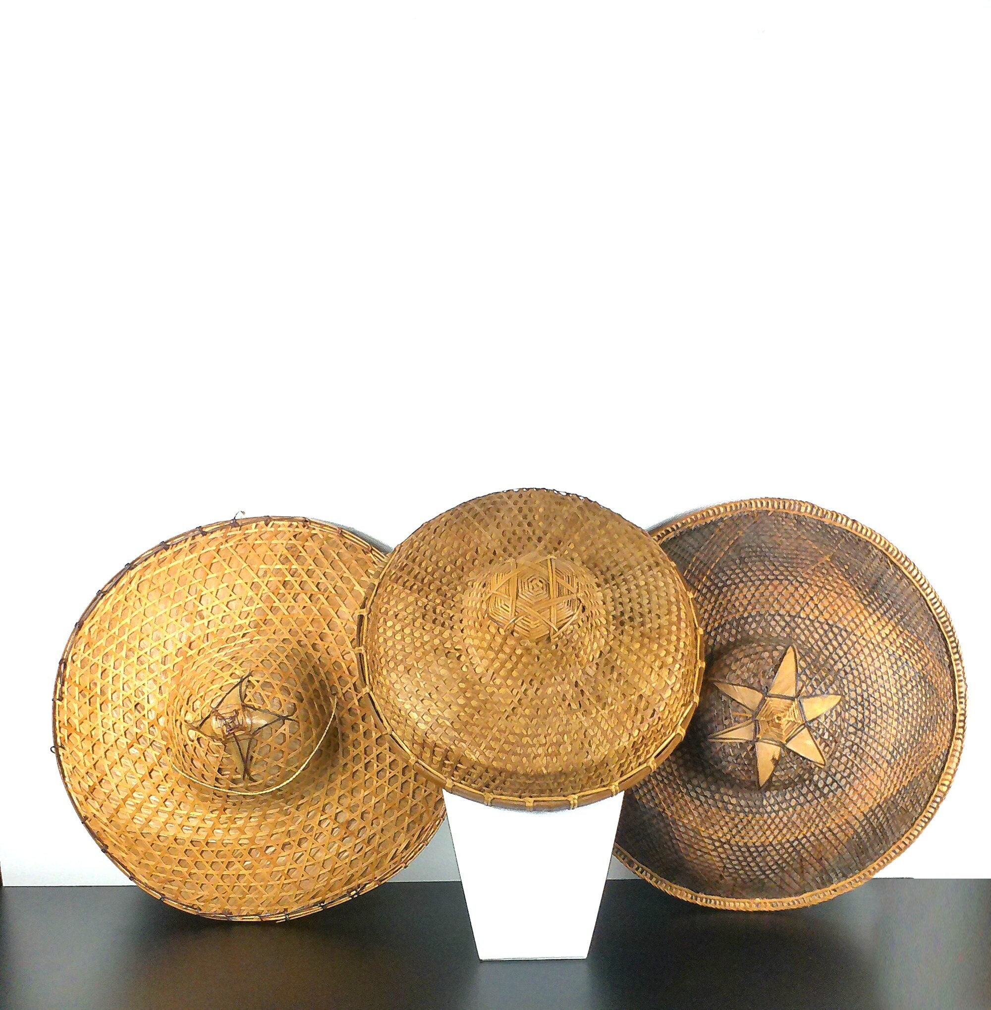 Mid 20th-Century Chinese Split Bamboo & Plaited Leaf Dǒulì (斗笠) Aka Conical Hats - a Pair