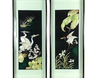 Chinese Vintage Pair / Set of 2 Framed Carved Mother of Pearl Crane Themed Wall Panels, Chinoiserie Chic Art, Grand Millennial Home Decor