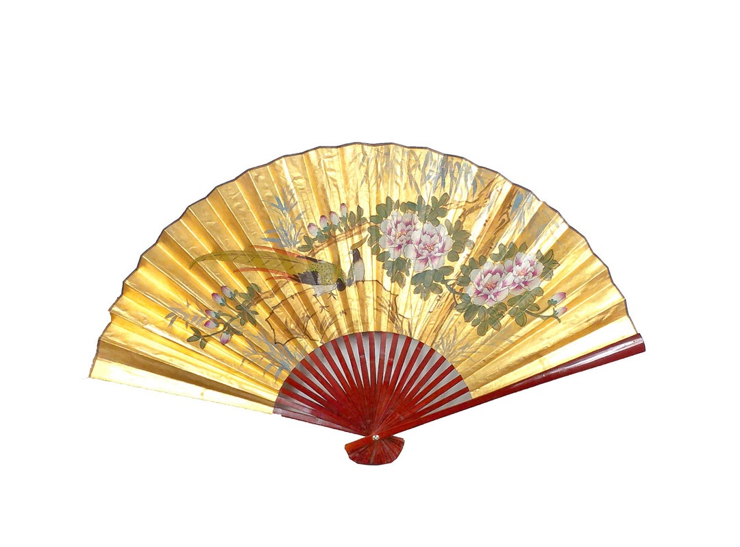 Chinese Vintage Extra Large Hand Painted Gold Paper Wall Fan