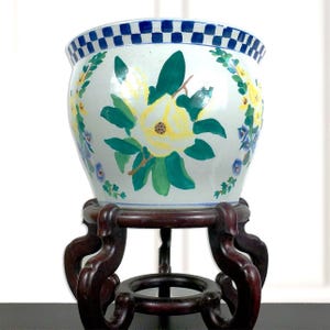 Vintage Chinoiserie Fishbowl Planter, Checker Pattern, Grand Millennial Decor, Jardiniere, Cache Pot